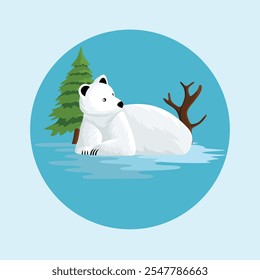 Rabbit Bunny with White Fur in Snowy Landscape Flat Vector