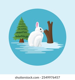 Rabbit Bunny with White Fur in Snowy Landscape Flat Vector