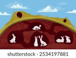 Rabbit burrow. Cute rabbits family in underground hole labyrinth, baby bunny kids under ground den in hill, forest animal shelter wildlife home borrows cartoon vector illustration original artwork