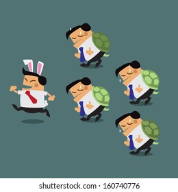 rabbit business man faster than turtle business men in race of economy and marketing, successful and leadership concept