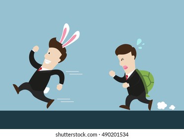rabbit businessman and turtle one are in running competition. Rabbit got the first rank. Turtle got the second rank. business competition.