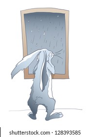 Rabbit by the window in rainy weather