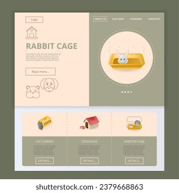 Rabbit cage flat landing page website template. Cat carrier, doghouse, hamster cage. Web banner with header, content and footer. Vector illustration.