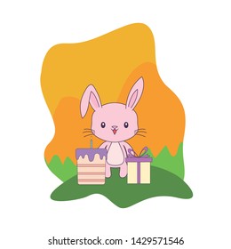 rabbit with cake of birthday and gift box