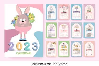 
Rabbit calendar for 2023 with amazing funny characters.