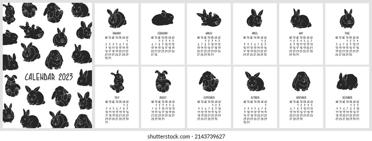 Rabbit Calendar 2023. Symbol of the Chinese zodiac calendar. Cute decorative calendar in A3 format. Collection with 12 bunny. Minimalistic design. Flat style in vector illustration.