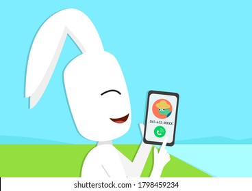 Rabbit calling Tortoise by smart phone, vector art