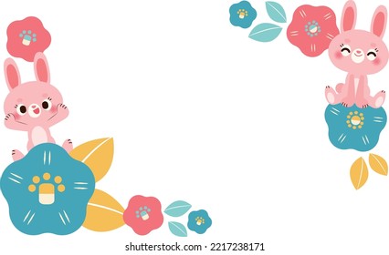 Rabbit and camellia horizontal frame vector illustration