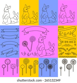 rabbit candy ribbons and flower design freehand drawing