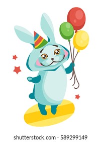 Rabbit in cap holds celebratory balloons.