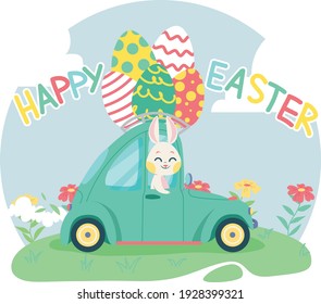 Rabbit in the car with eggs. Flat design illustration. Vector