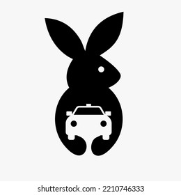 Rabbit Car Logo Negative Space Concept Vector Template. Rabbit Holding Car Symbol