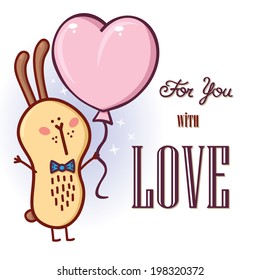 Rabbit card. Beautiful vector romantic card with adorable friendly rabbit