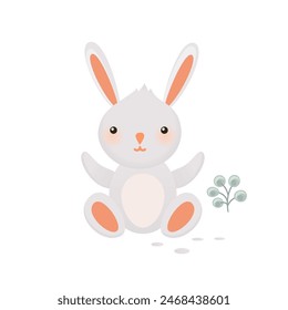 Rabbit card. Sweet Easter Bunny with Flowers Sitting Waiting for Easter.