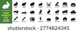 Rabbit care and breed silhouette solid icon set. Features a standard rabbit and lop eared breed. Shows a wooden hutch and fresh carrot. Includes pet carrier and timothy hay elements. Designed with solid black shapes. Ideal for veterinary clinics and animal shelter graphic design projects.