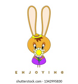 Rabbit carries a flower. Easter bunny enjoying spring flowers for a walk. Vector illustration.