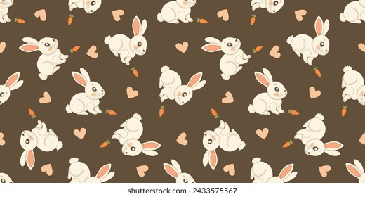 Rabbit and carrot baby seamless cute design for kids hand drawn in cartoon style.