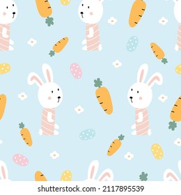 Rabbit and carrot baby seamless pattern cute design hand drawn in cartoon style Use for prints, wallpapers, decorations, textiles, vector illustration