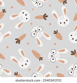 Rabbit and carrot baby seamless pattern. Cute design for kids in cartoon style. Use for prints, textiles, fabric, wallpaper, stationery, nursery, wrapping