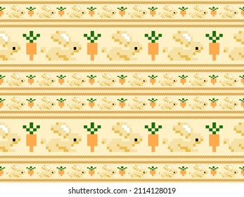 Rabbit and carrot cartoon character seamless pattern on yellow background.Pixel style