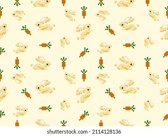 Rabbit and carrot cartoon character seamless pattern on yellow background.Pixel style