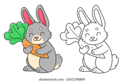 Rabbit with carrot coloring book with coloring example for kids. Coloring page with cute bunny. Black and white and color version. Vector children's illustration.