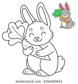 Rabbit with carrot coloring book with coloring example for kids. Coloring page with cute bunny. Black and white and color version. Vector children's illustration.