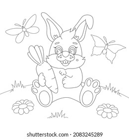 Rabbit with carrot coloring page. Children's coloring page vector illustration.