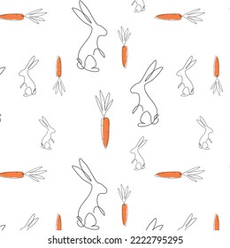 Rabbit carrot continuous line background for decorative. Black white abstract design for paper, cover, fabric, texture.  White orange asymmetric seamless wave pattern hand drawing vector paint.