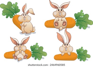 Rabbit and carrot, cute face, cheeky face, various poses. Vector illustration.