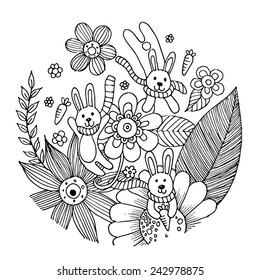 Rabbit with Carrot Doodle Vector