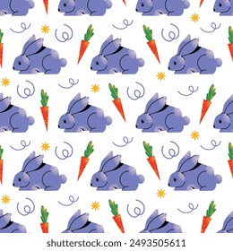 Rabbit and carrot farm animals seamless pattern. Big collection with cow, sheep, turkey, rabbit, duck, hen, pig. Food for animals. Countryside, agriculture. Cute farm animal isolated on background