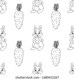 Conejo con una mano plana de zanahoria dibujada a la perfección. Caricatura de un animal sobre fondo. Patrón transparente vectorial animal salvaje
