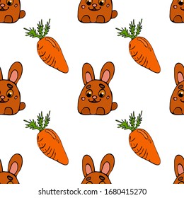 Rabbit with carrot flat hand drawn seamless pattern. Cute cartoon animal character on background. Wild animal vector seamless pattern
