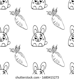 Rabbit with carrot flat hand drawn seamless pattern. Cute cartoon animal character on background. Wild animal vector seamless pattern