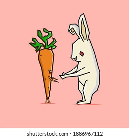 Rabbit and Carrot Handshake Vector Icon Illustration. Mascot Rabbit and Carrot. Fruit Icon Concept White Isolated. Flat Cartoon Style Suitable for Web Landing Page, Banner, Flyer, Sticker