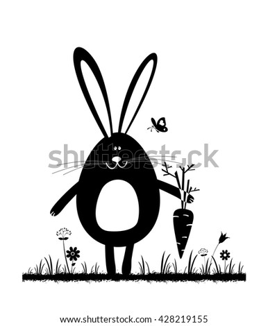 Rabbit and carrot. Hare. Happy bunny. Black silhouettes isolated on white background. Vector illustration.