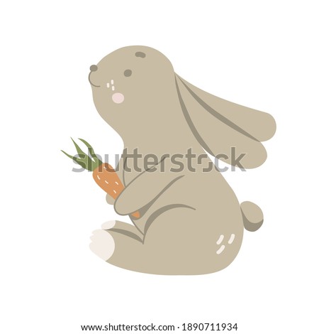 Rabbit with a carrot in his hands. Vector illustration. Isolated white background. 