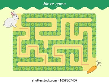 Rabbit and Carrot Maze. Educational game for children. Help the rabbit find the carrot - Maze puzzle with solution