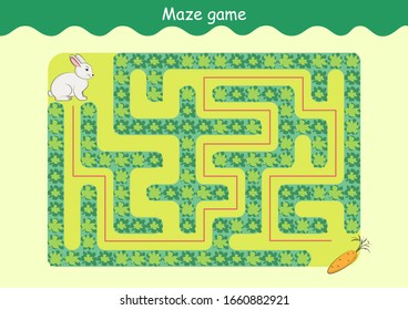 Rabbit and Carrot Maze. Educational game for children. Help the rabbit find the carrot - Maze puzzle with solution