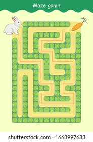 Rabbit and Carrot Maze. Educational game for children. Help the rabbit find the carrot - Maze puzzle with solution