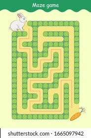 Rabbit and Carrot Maze. Educational game for children. Help the rabbit find the carrot - Maze puzzle with solution