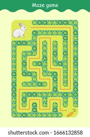 Rabbit and Carrot Maze. Educational game for children. Help the rabbit find the carrot - Maze puzzle with solution