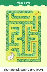 Rabbit and Carrot Maze. Educational game for children. Help the rabbit find the carrot - Maze puzzle with solution