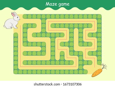 Rabbit and Carrot Maze. Educational game for children. Help the rabbit find the carrot - Maze puzzle with solution