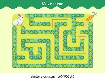 Rabbit and Carrot Maze. Educational game for children. Help the rabbit find the carrot - Maze puzzle with solution