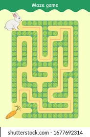 Rabbit and Carrot Maze. Educational game for children. Help the rabbit find the carrot - Maze puzzle with solution