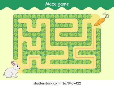 Rabbit and Carrot Maze. Educational game for children. Help the rabbit find the carrot - Maze puzzle with solution