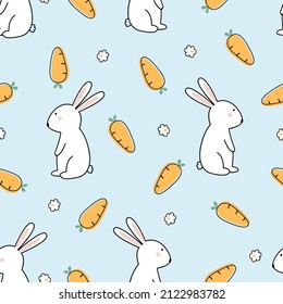 Rabbit and carrot nursery seamless pattern cute design hand drawn in cartoon style Use for prints, wallpapers, decorations, textiles, vector illustration