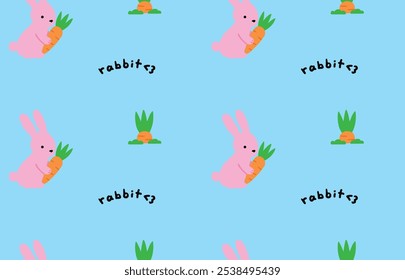 Rabbit and carrot on blue vector pattern editable cute bunny seamless background endless wallpaper fabric pattern hand drawn simple easter cartoon